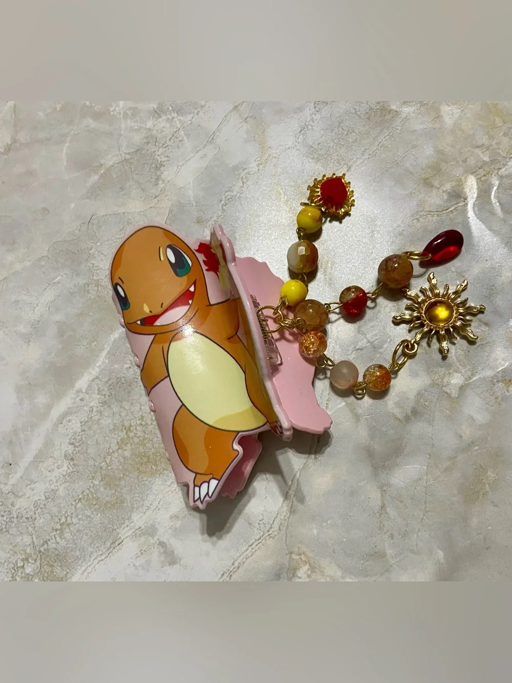 Pokemon Charmander Pink Hair Clip with Beaded Sun Charm